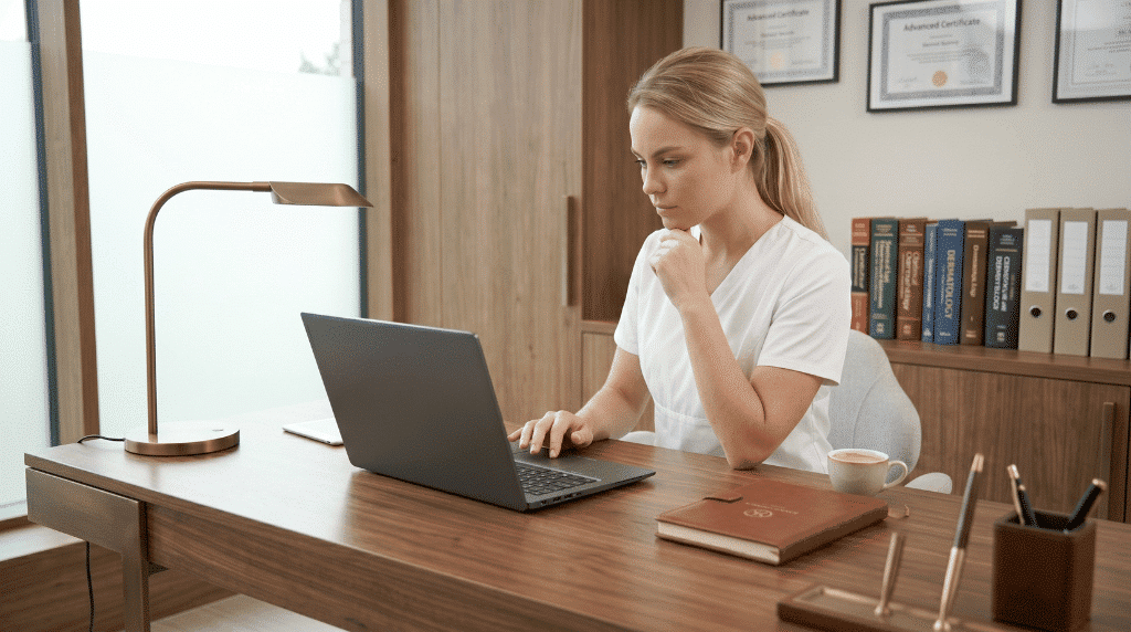 Studerende i hvid klinik uniform fordyber sig i online teori i hårfjerning på sin computer.
