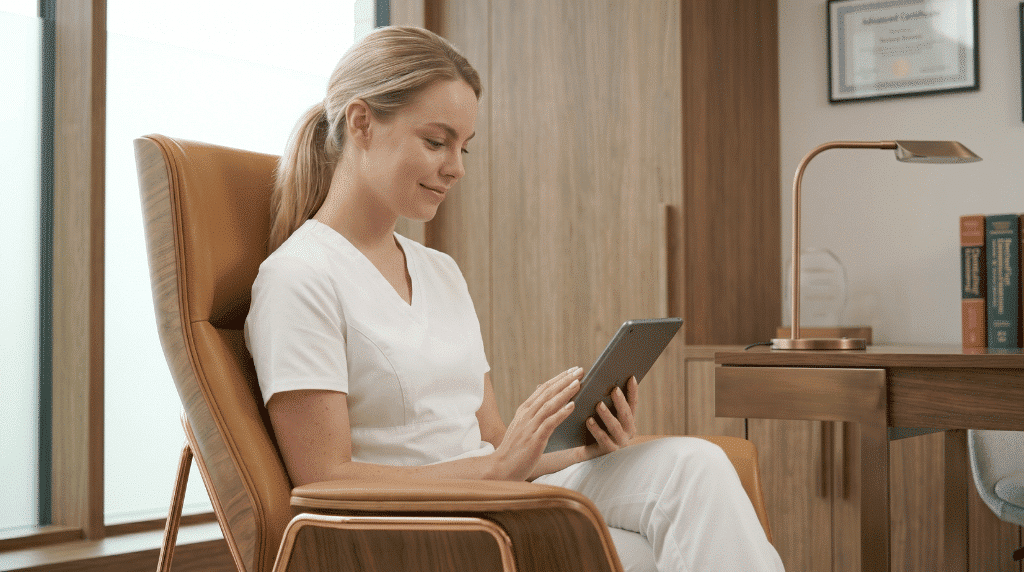 Smilende studerende i hvid klinikuniform sidder afslappet i en lænestol og gennemgår sine teoretiske moduler på en tablet på Innowells online vokskursus.