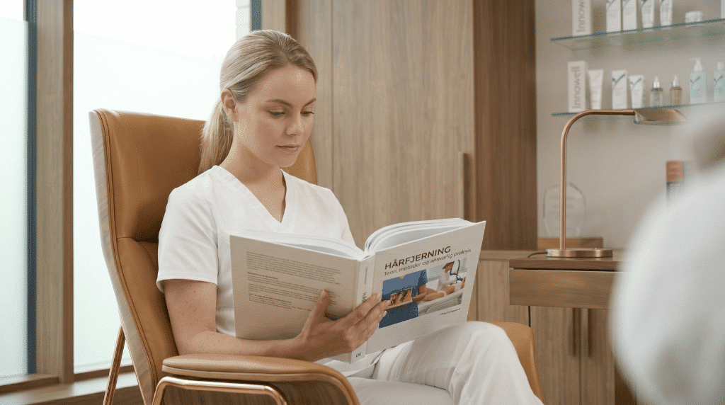 Studerende i hvid klinikuniform sidder i en lænestol og læser i grundbogen 'Hårfjerning - Teori, metoder og ansvarlig klinisk praksis' på Innowells online voks kursus.
