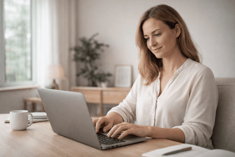 kvinde sidder foran pc og studerer faget andre alternative behandlingsformer